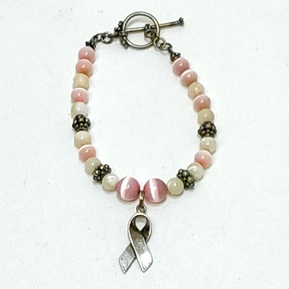 Pandora Cancer Awareness Beaded Bracelet Sterling Silver Ribbon Charm Toggle VTG - Picture 1 of 6